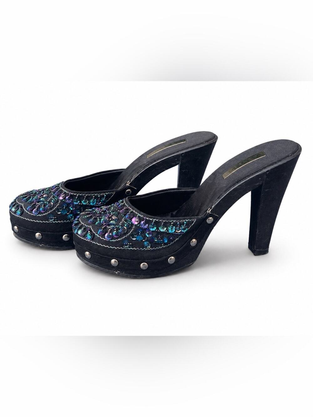 Y2K Black Beaded Sequin Platform Mule Heels Size 6 Club Kid McBling Indie Sleaze
